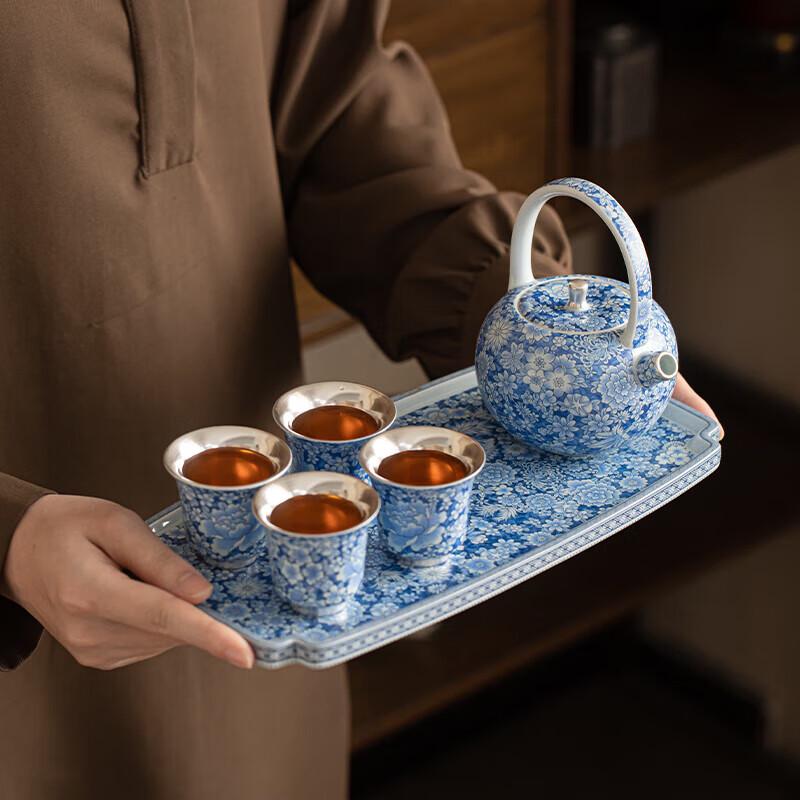 Zheng Wenqiang Masterpiece Gilded Silver Blue & White Ceramic Gongfu Tea Set