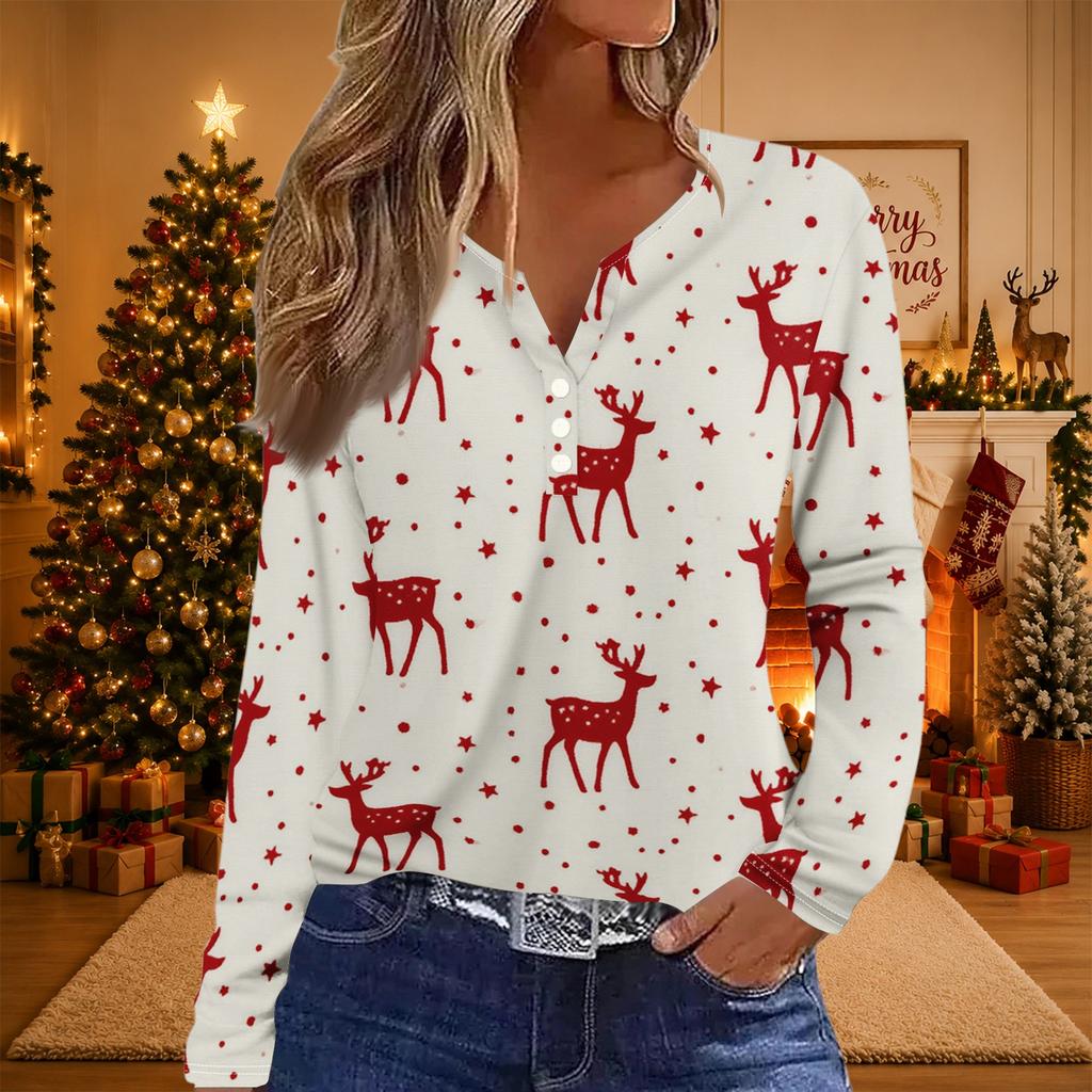 Women's Long Sleeve Christmas Print V-Neck T-Shirt with Button