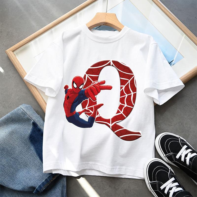 2026 New Childrens Spider Unisex Cartoon Letter Printed Tshirt Cotton Tshirt Boys Short Sleeved Top Childrens Clothing
