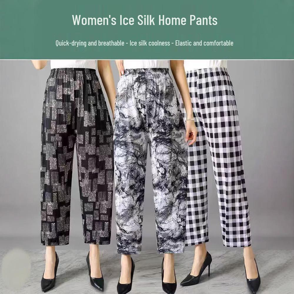 Pantaloni Casual de Vară pentru Femei Mărimi Mari Mătase de Gheață Talie Înaltă pentru Femei de Vârstă Mijlocie și Vârstnice