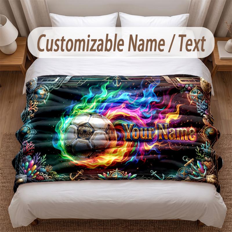 Soccer Theme Soft Blanket Personalized Custom Name Text Print Warm Blanket Home Sofa Bedroom Decor
