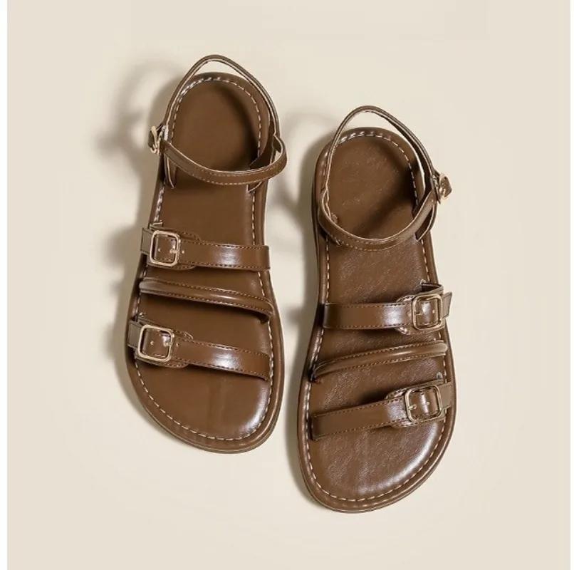 Sandale de damă la modă, cu vârful deschis, cu cataramă și curea, cu vârf plat, pentru zi, pantofi de damă la modă, 2024