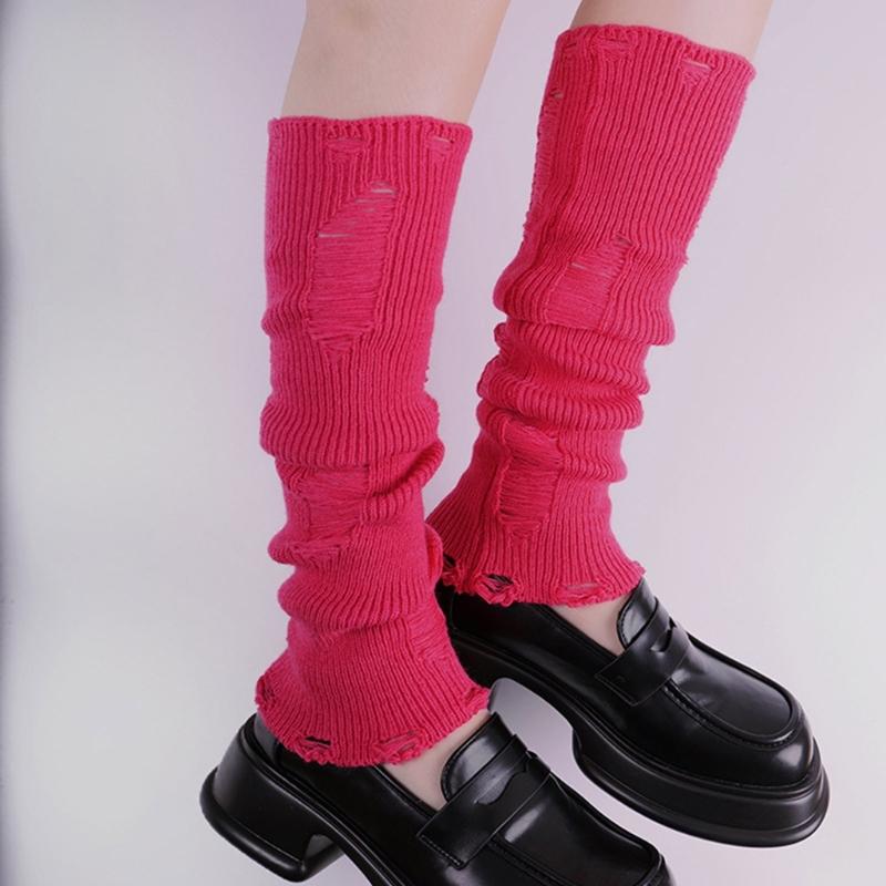Japanese Punk Leg Warmers Women Solid Color Ribbed Knit Long Socks Y2K Distressed Ripped Boot Cuffs Leg Cover Streetwear