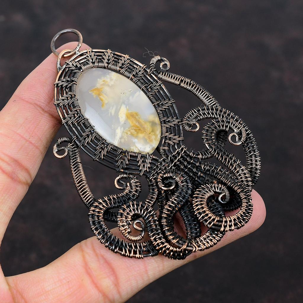 Plume Agate Pendant Copper Wire Wrapped Pendant Gemstone Octopus Jewelry Dainty Pendant Handmade Pendant Copper Wire Jewelry Engagement Gift