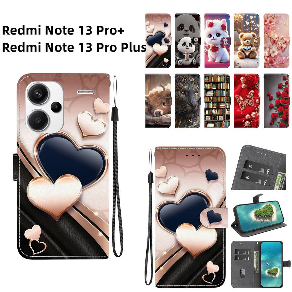 Handgefertigte PU-Leder-Klapphülle für Xiaomi Redmi Note 13 Pro+/ Note 13 Pro Plus 5G Rutschfeste Stoßfeste Hülle mit Handschlaufe & Herz/Rose Katze Designs