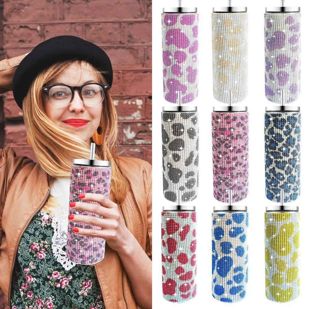 Bling Rhinestone Thermos Bottles Leopard Print Vacuum Flasks  Outdoor Activities