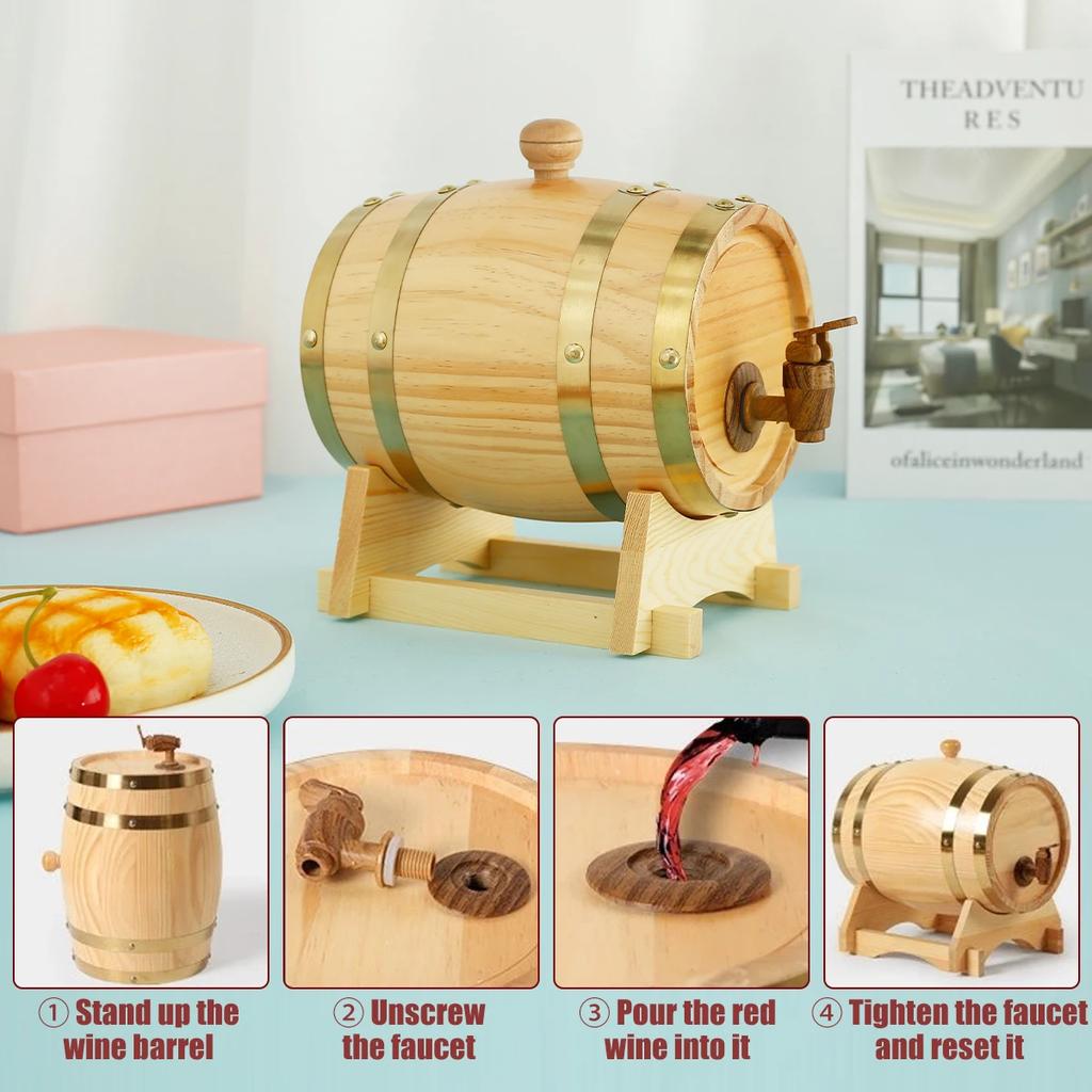 1.5L Vintage Wooden Timber Wine Barrel for Whiskey Rum Port Wood Beer Barrel Sealing Brandy Bucket Dispenser Wine Storage