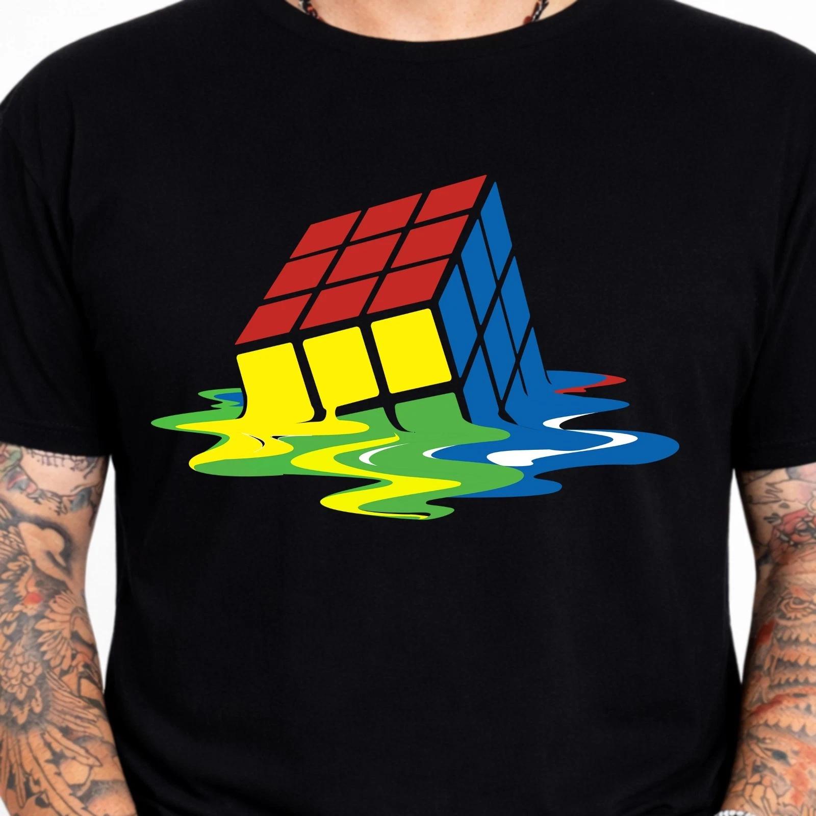 Melting Cube Puzzle Graphic T-Shirt Retro Gamer Tee 80s Abstract Rubik Style XS