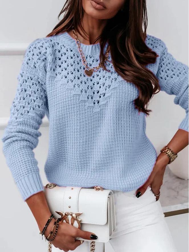 In Stock: European American Style Solid Color Jacquard Hollow-Out Spliced Round Neck Elegant Women s Wool Sweater 2026 S светло-синий