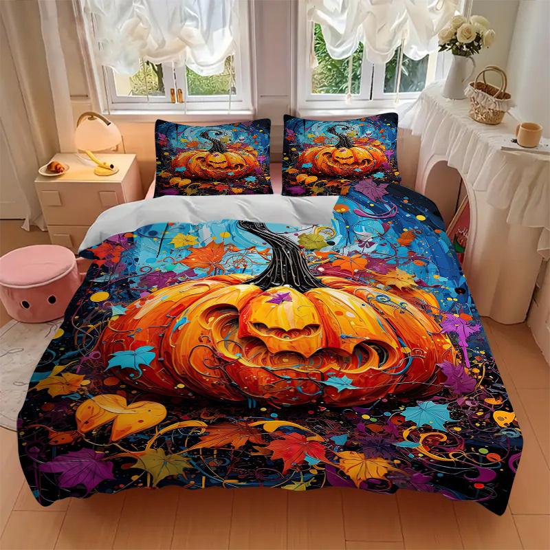 3pcs Colorful Pumpkin Lantern Print Bedding Set (1 Cover + 2 Pillowcases, Without Inserts), This Printed Bedding Set is Soft and Comfortable