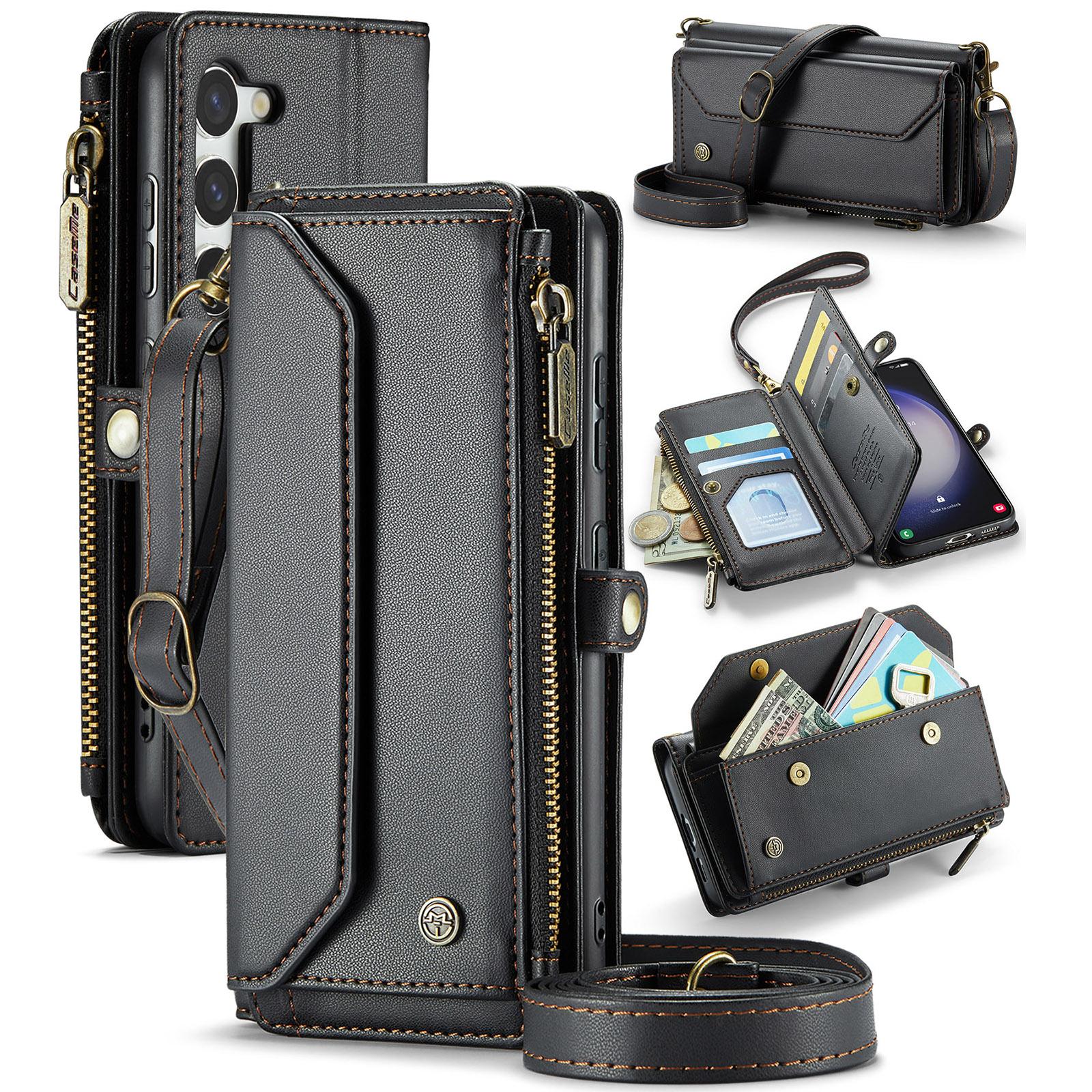 

For Samsung Galaxy S23+ Leather Case CASEME C36 Zipper Multiple Card Slots Phone Cover with Straps Black