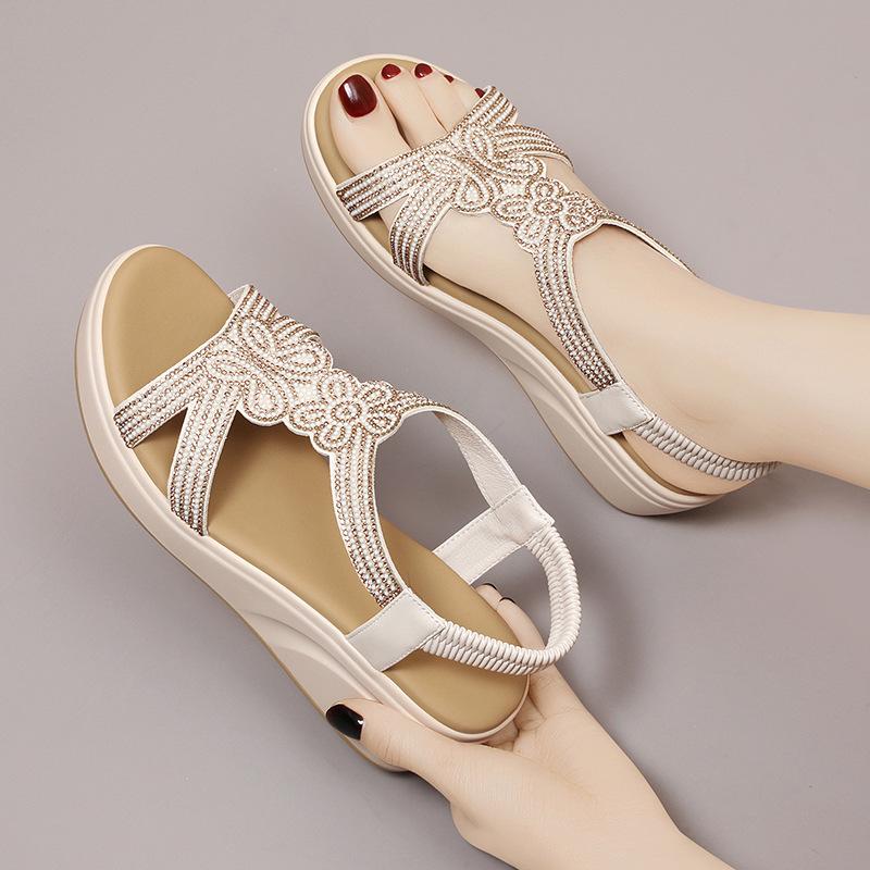 Wedge heel sandals women's rhinestones summer new versatile outer wear Roman style soft sole mid-heel thick-soled muffin shoes