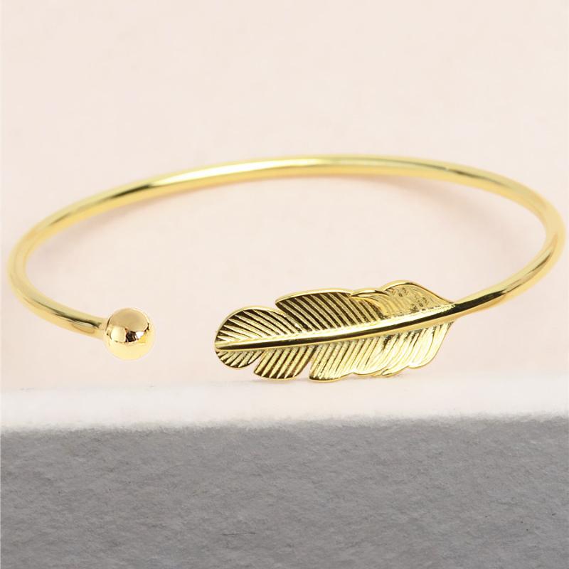 Open Cuff Women's Bangles Gold Color Metal Feather Shape Adjustable Open-Bangle Punk Fashion Hiphop Style Wrist Jewelry Pulseras