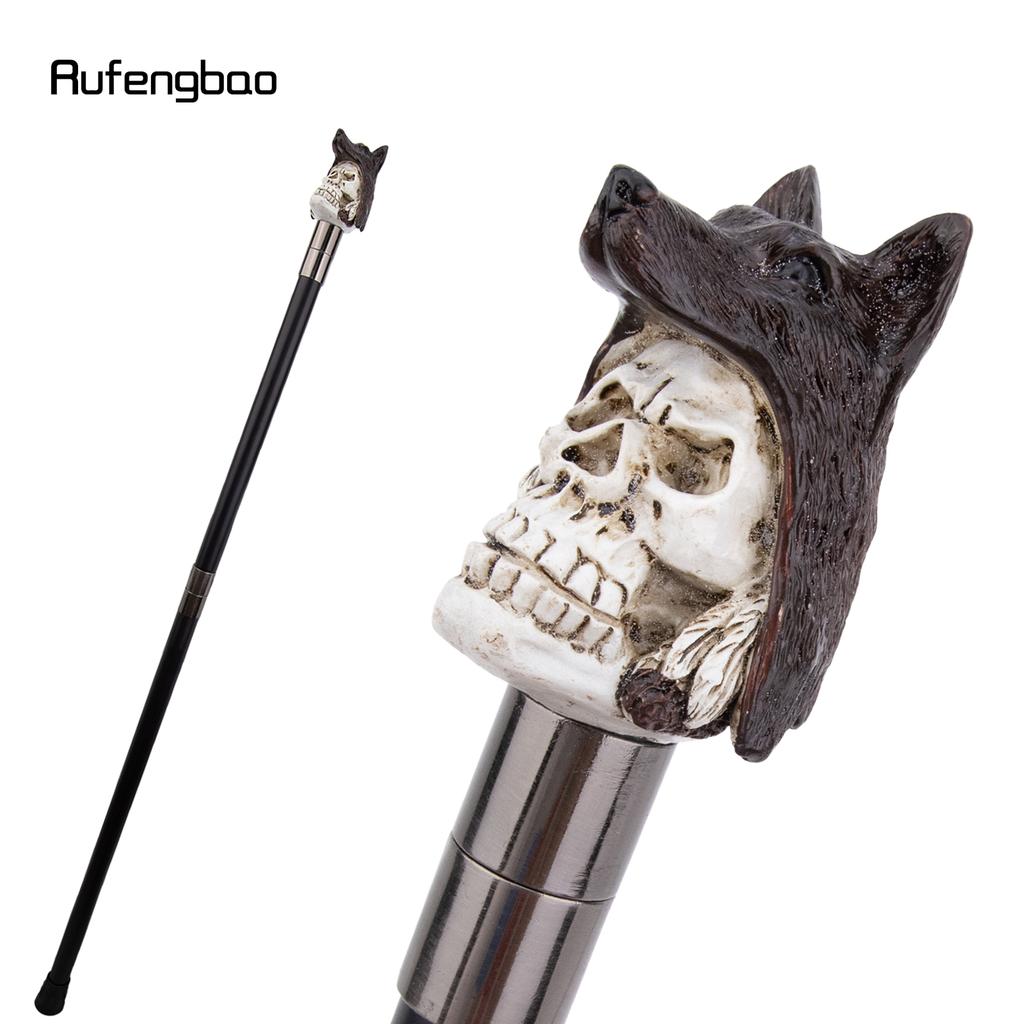 White Resin Wolf Hat Skull Head Walking Cane Fashion Decorative Steel Stick Gentleman Elegant Cosplay Cane Knob Crosier 93cm