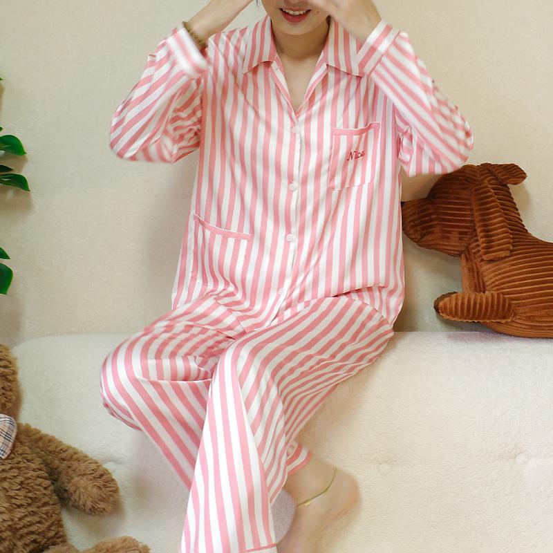 

Женский розовый полосатый вышитый пижамный комплект из ледяного шелка - Весна/Осень L (65-78kg)