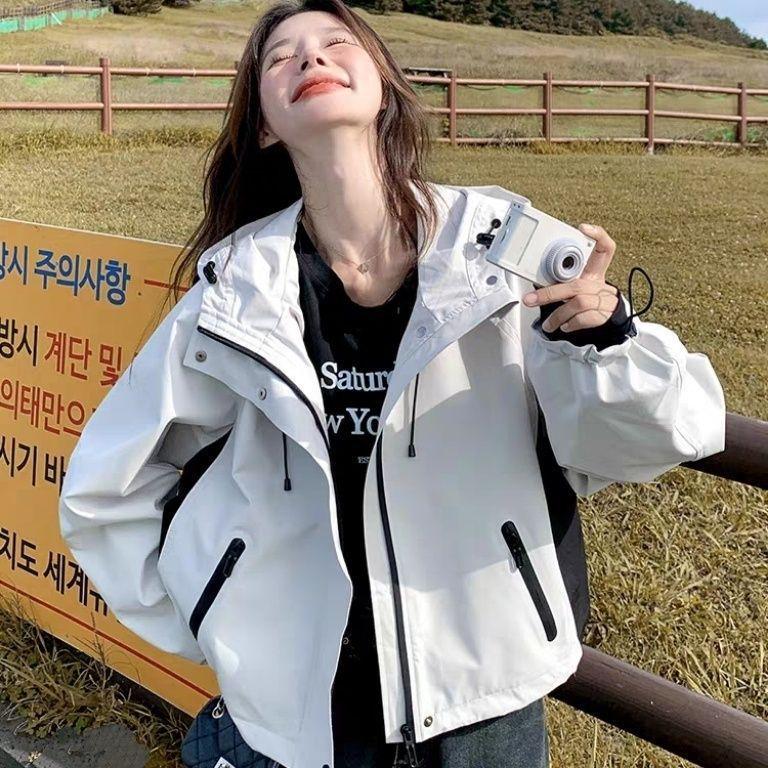 Women's Light Luxury Color Block Hooded Windbreaker - Spring/Autumn Slim Fit Casual Jacket (2025)