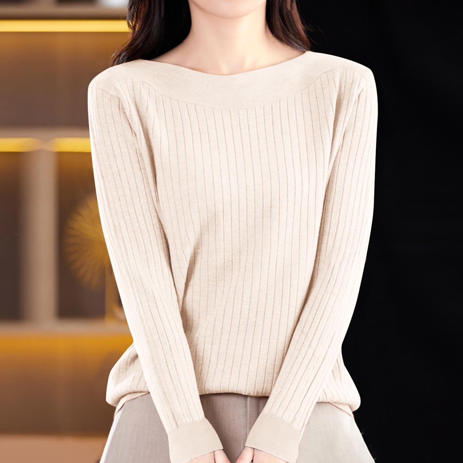 

Women s Casual Round Neck Knitted Long Sleeve Undershirt One-Shoulder Sweater M бежевый
