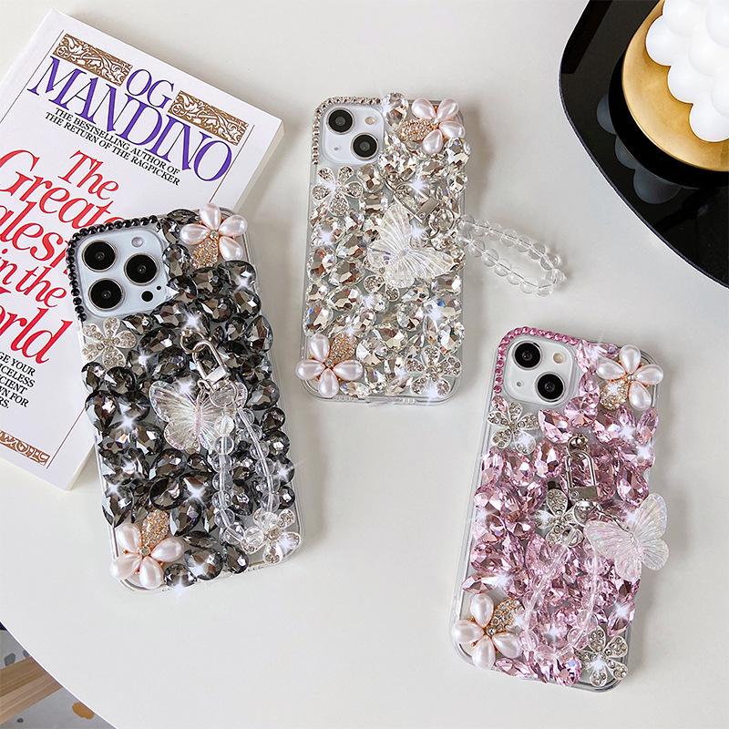 For Apple 17 Pro Japanese and Korean Ins Phone Case for IPhone 15/14/XR Pearl Lanyard Luxury Rhinestone Case
