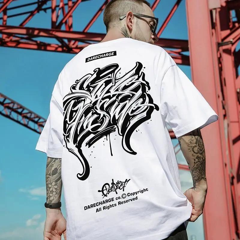 American retro round neck personalized print short sleeved men and women trendy hip-hop casual couple loose T-shirt top harajuku