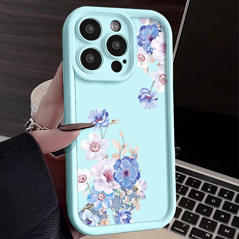 Prosty niebieski kwiatowy nadruk odporny na wstrząsy matowy futerał na telefon TPU do iPhone'a 16 Pro 15 Pro Max 14 Plus 13 12 11 XR XS 8 7 Ochrona obiektywu miękka tylna obudowa