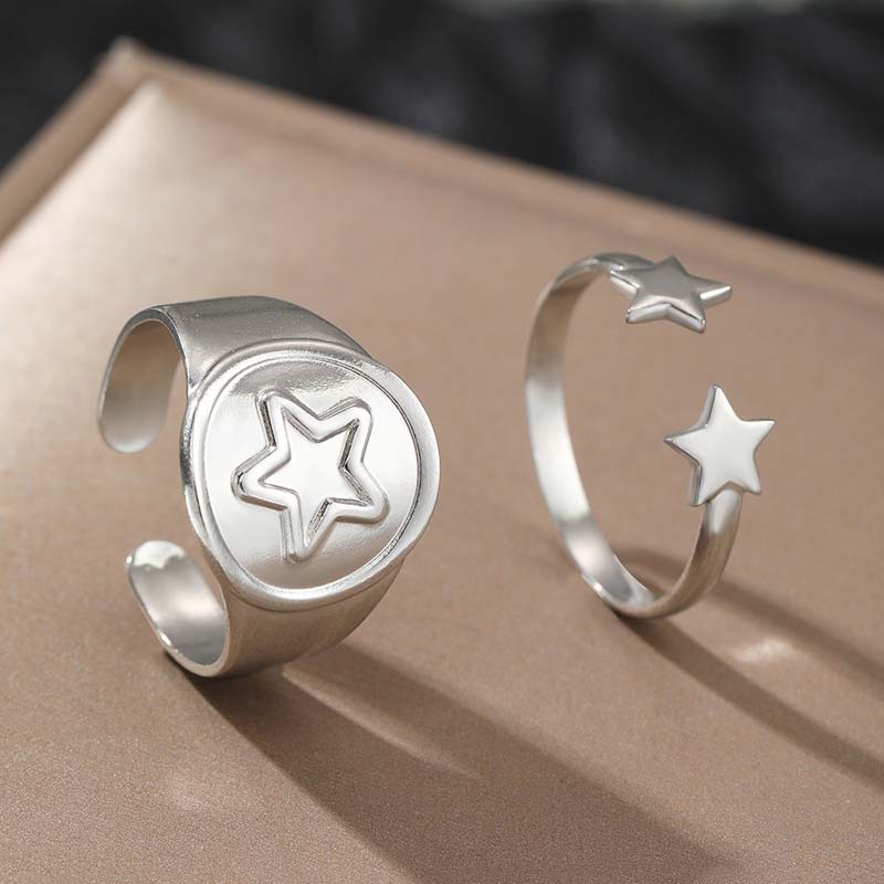 Stainless Steel Gold Color Pentagram Pattern Rings Set For Women Punk Metal Star Opening Adjustable Finger Ring Jewelry