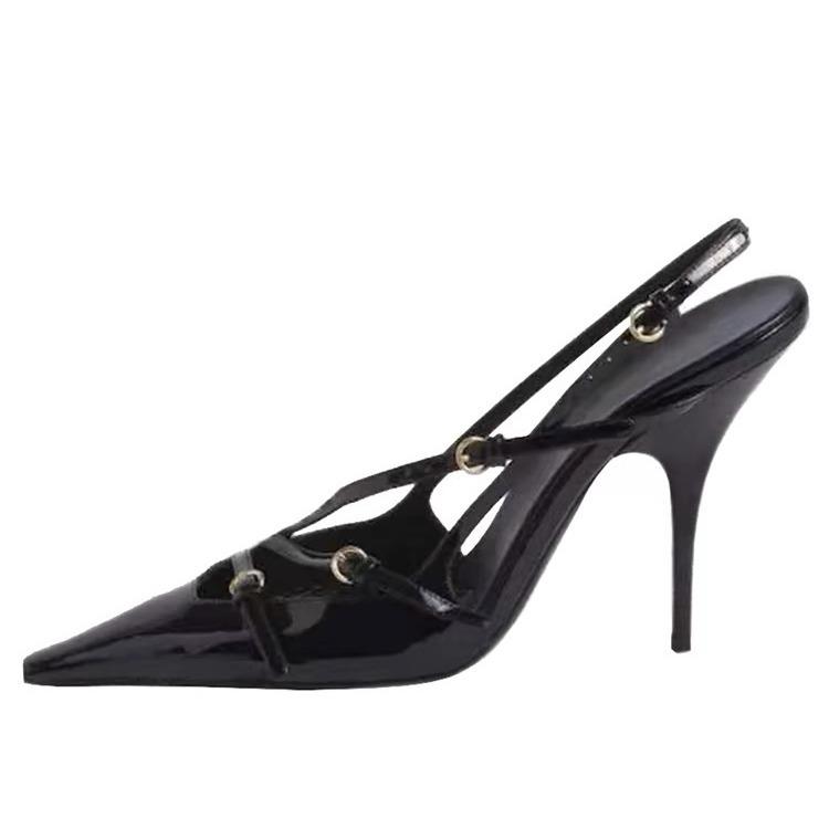 [Spot] Black patent leather temperament high heels women's French sexy small square head thin heel bag head cool slippers temperament