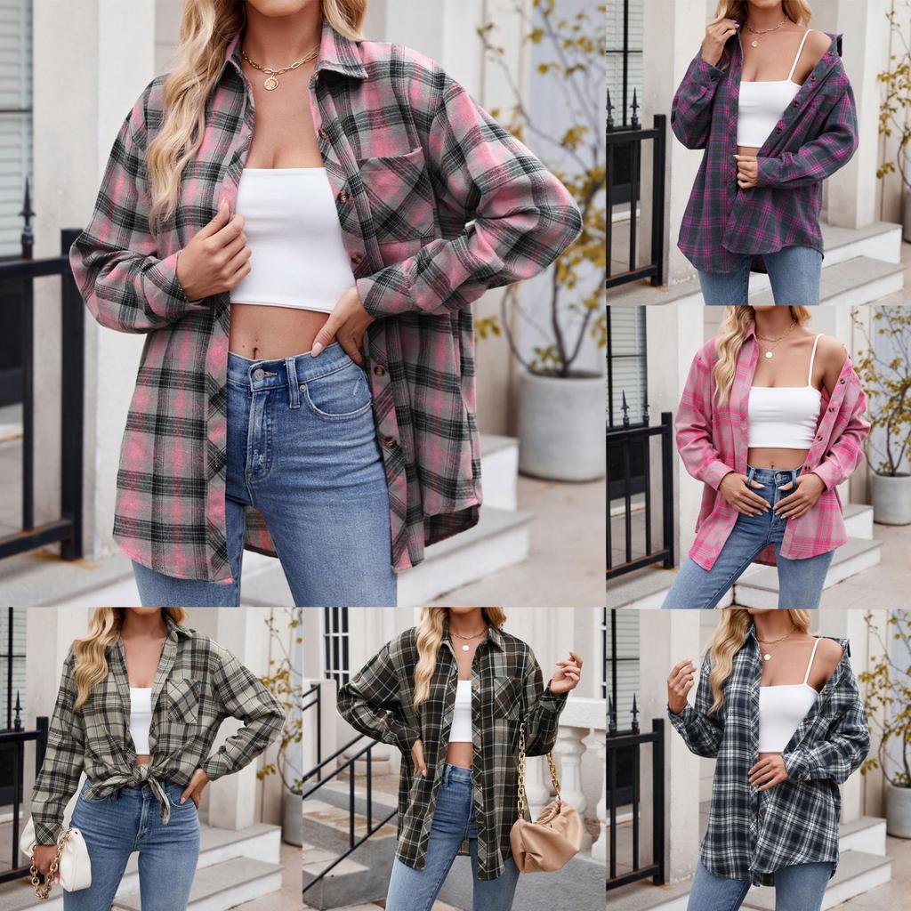 Camicia da donna con bottoni, ampia, a maniche lunghe, leggera, in flanella a quadri, giacca oversize, abbigliamento da donna alla moda 2024