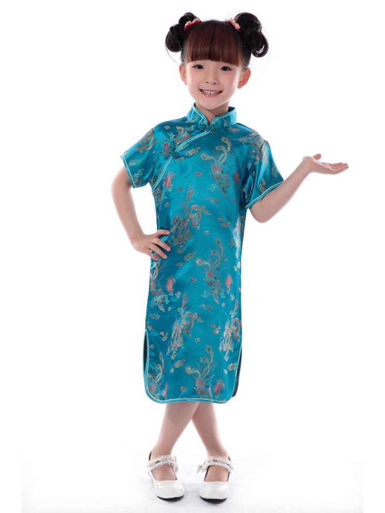 Girls' Ethnic Summer Dragon & Phoenix Tang Suit Qipao Performance Dress - Red