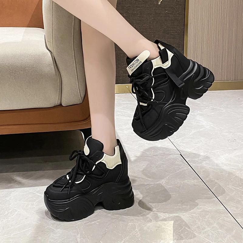 Zapatillas de Moda para Mujer para Caminar Otoño con Cordones Plataforma Alta Zapatos Gruesos Zapatos de Cuero Transpirables Tacones de Cuña de Invierno Zapatos Casuales de 10.5CM