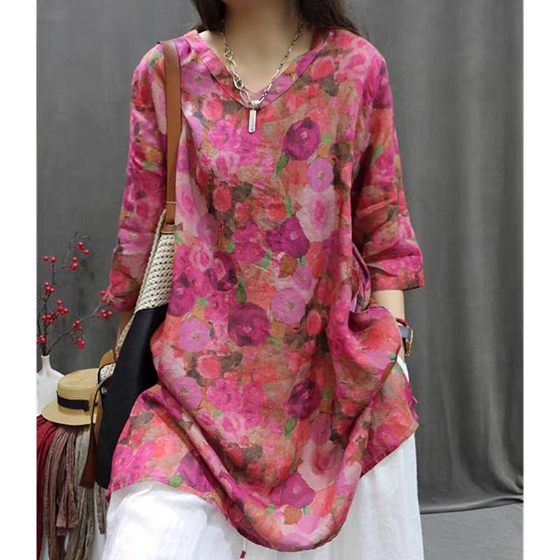 Women Casual Loose V Neck Printed Pullover Mid Length Shirt M