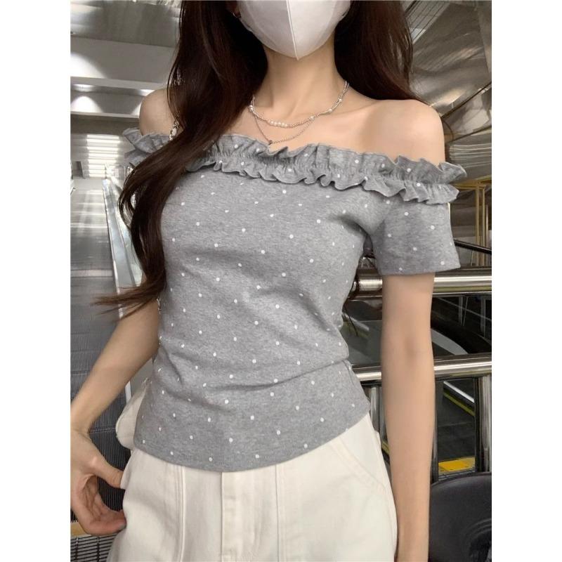 Design Hot Girl Fashionable Waistline Polka Dot Short-sleeved T-shirt Summer New One-word Chic Slim Top