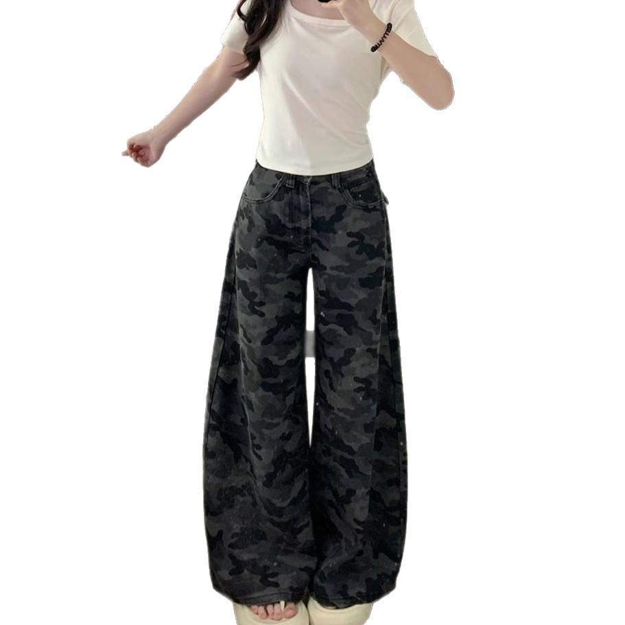 Comfortable Spring and Autumn Work Trousers Female Loose Wide Leg Trousers Draped Straight Camouflage Sports Casual Denim Trousers Long Denim Pants