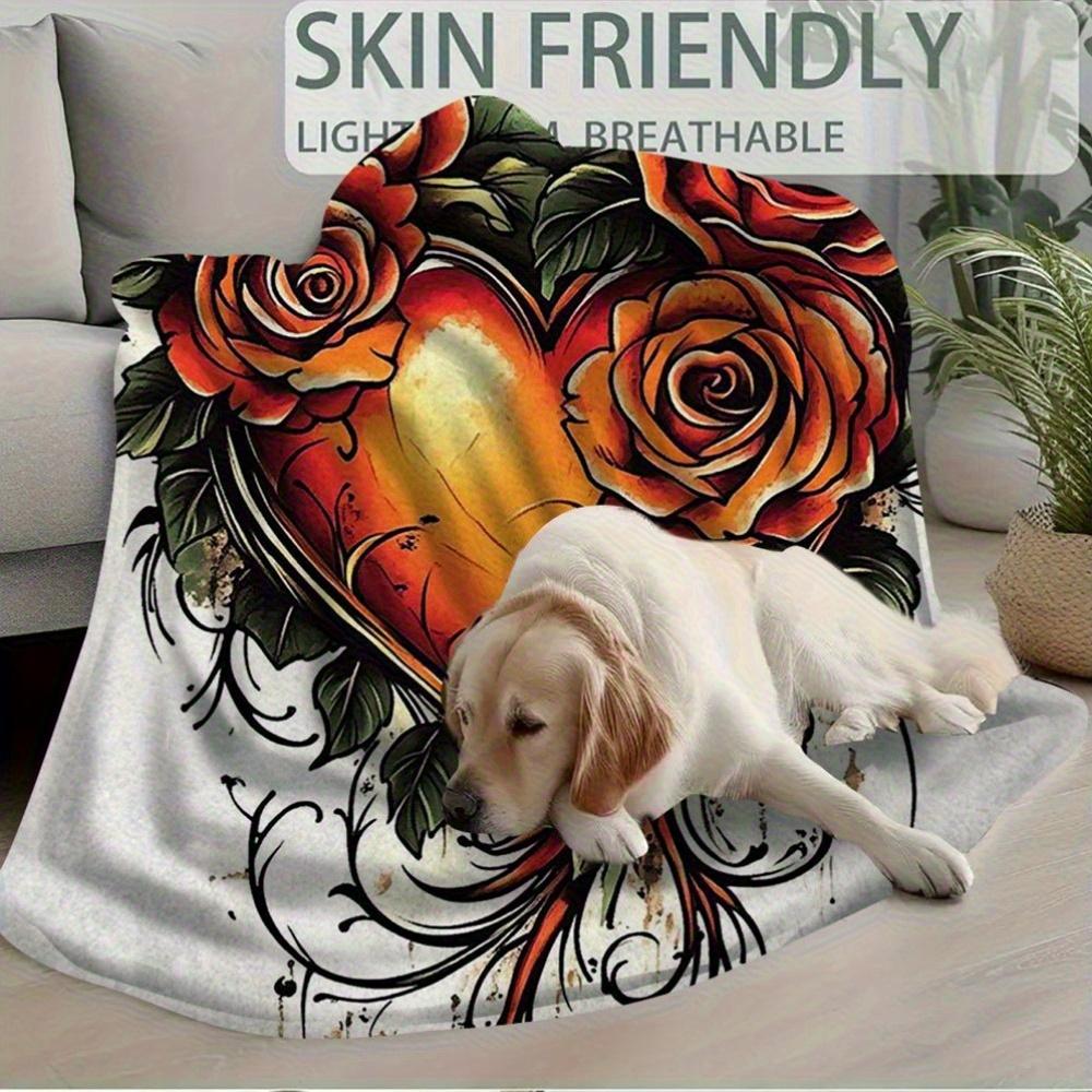 1pc Vintage Heart & Rose Tattoo Design Soft Warm Blanket, 60x80 Inch, All-Season Multi-Purpose Cozy Throw for Dorm, Camping