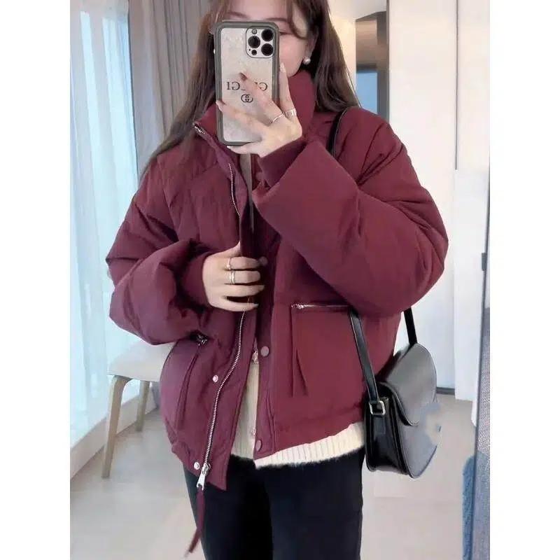 Winter Fashion Stand Collar Pocket Warm Coat Women Loose Casual Solid Color Cardigan Lady Outwear Zipper Top