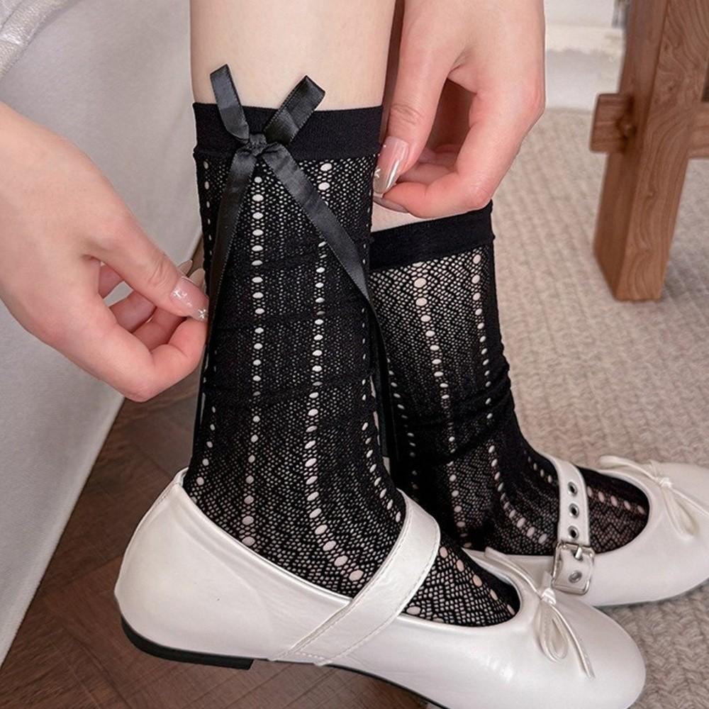 Sexy Hollow Lace Lace Calf Socks Bowknot Detail Thin Fishnet Stockings Breathable High Elastic Jk Long Stocking Daily Wear