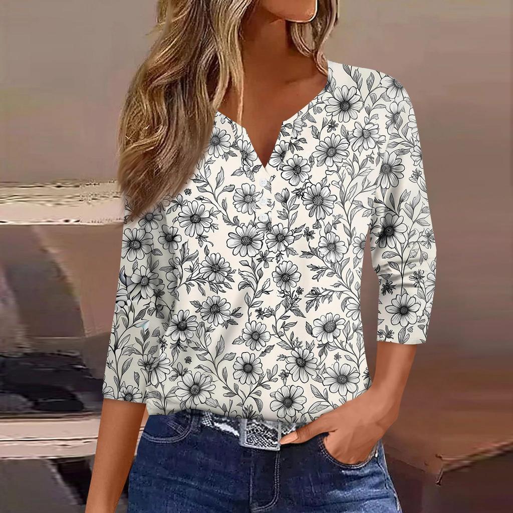 Women's T Shirt Print Button 3/4 Sleeve Daily Weekend Fashion Basic V- Neck Regular Top