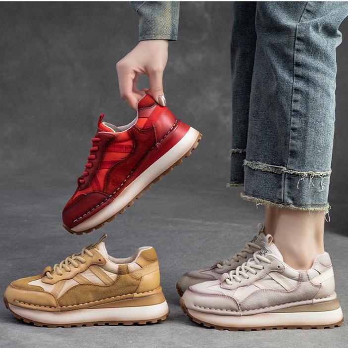 Johnature Genuine Leather Sneakers Casual Sports Shoes Round Toe Lacd-up Retro Versatile Women's Flat Shoes
