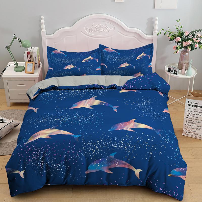 Dolphin Ocean King Queen Duvet Cover Cute 3D Sea Animal Bedding Set For Kids Teens Adults Shoal Of Fish Blue 2/3pcs Quilt Cover