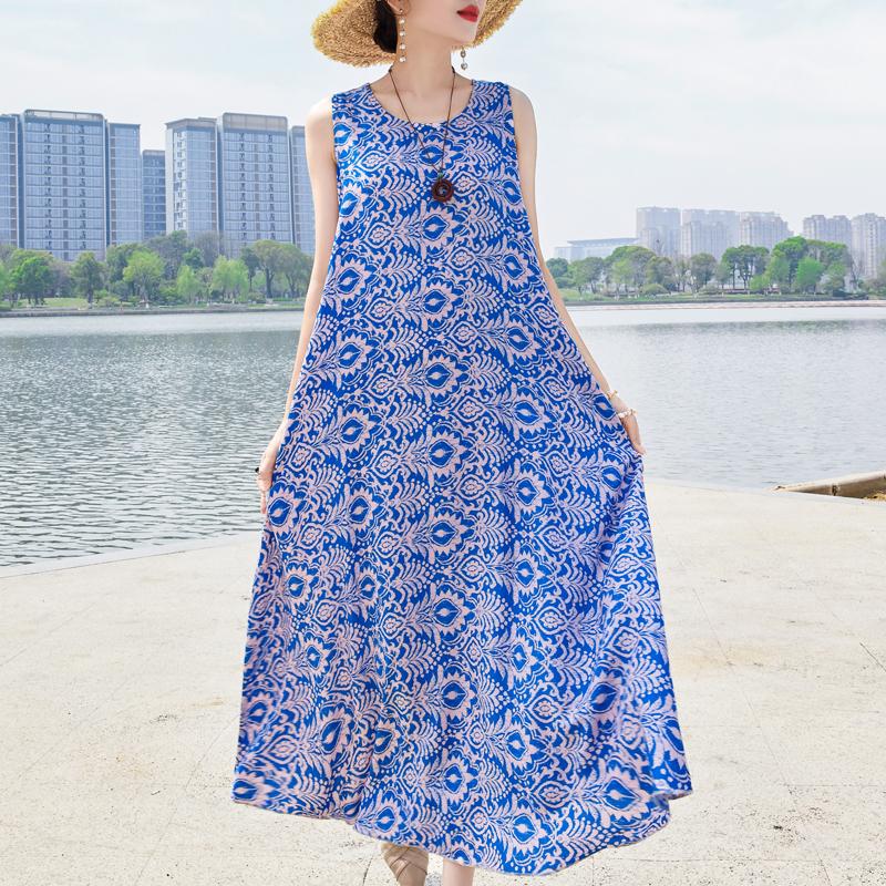 Elegant Sleeveless Dress Summer Fashion Casual Loose Vintage Print Long Dresses for Women Summer Clothes