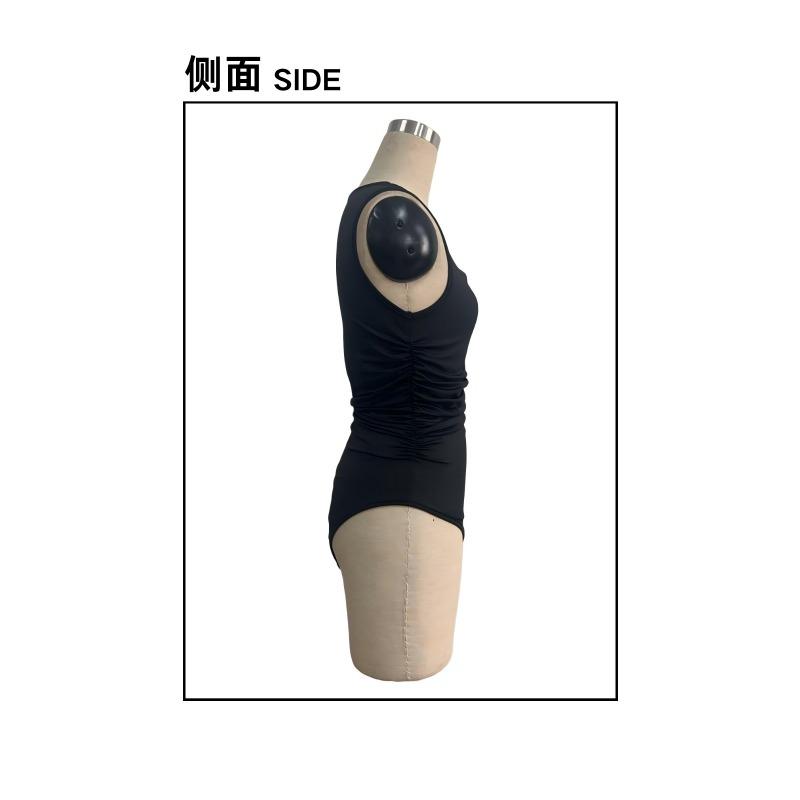 Women Black Sleeveless Oblique Shoulder Metal Buckle Slim Waist Fitted Bodysuit
