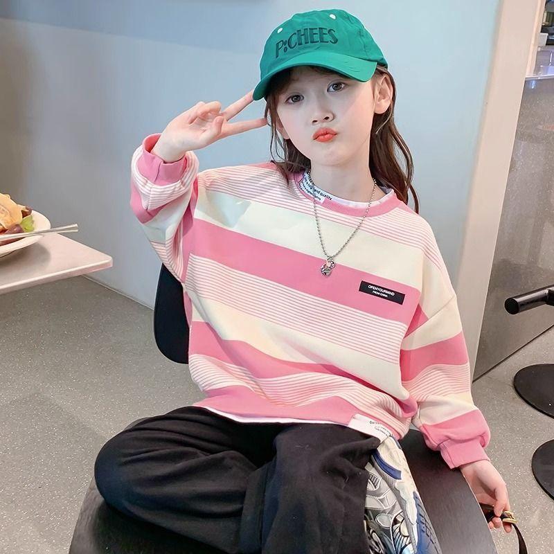 Girls Stylish Striped Sweatshirt Long Sleeve Pullover Top Casual Autumn Winter Kids Clothes