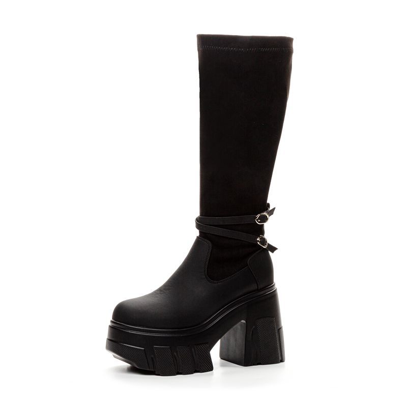 

11CM Microfiber Spring Platform Wedge Knee High Autumn Women Boots British Boots Cloth Streth Fabric Leather Ankle Shoes 40 чорний