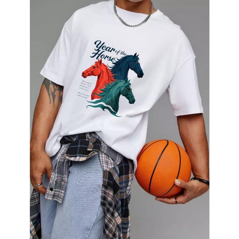 White T-Shirt Year of The Horse Graphic Print with Three Colorful Horses and Inspirational Text for Casual Wear
