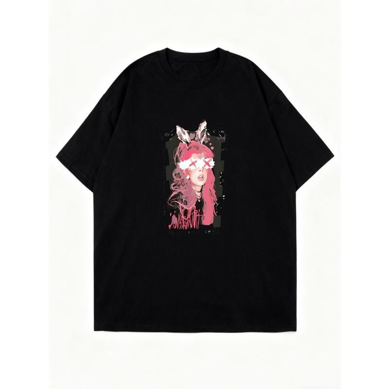 Oversized T-Shirt Black Anime Girl With Cat Ears And Pink Hair Graphic Print For Casual Streetwear Fashion