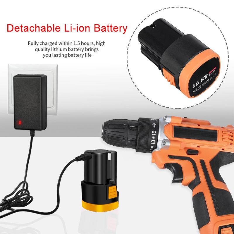 Electric Drill Dual Speed 16.8V Lithium Cordless Drill Multi-function Electric Screwdriver Power Tool 2 Li-ion Battery