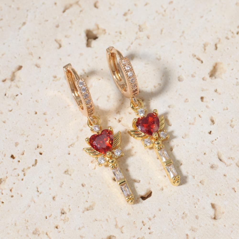 Fashion Red Heart Magic Wand Zirconia Dangle Earrings, Cute Jewelry for Women красный