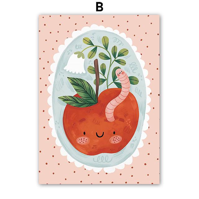 Colorful Cat Rabbit Lemon Apple Flower Leaf Wall Art Canvas Painting Abstract Cartoon Posters Prints Pictures Kids Room Decor