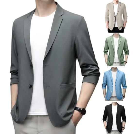 Formal Summer Suit Coat Business Coat Lapel Long Sleeves Double Buttons Straight Pockets Anti-wrinkle Solid Color Cardigan Loose Men Work Jacket