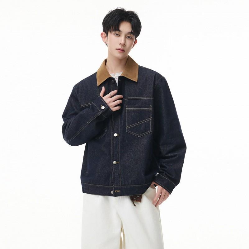 Mens Washed Denim Jacket With Contrast Color Trim Relaxed Fit Workwear Style Fall