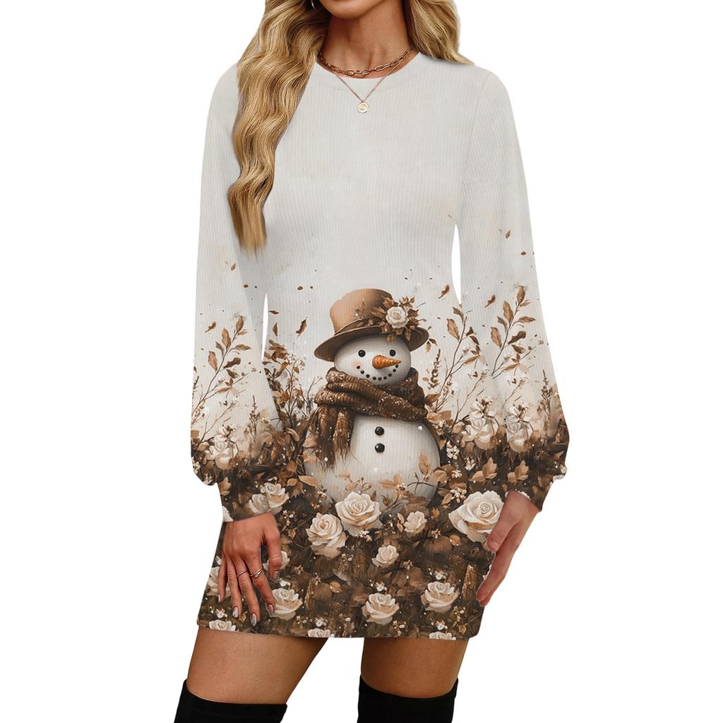 Vestido Casual Feminino da Moda com Estampa de Natal, Gola Redonda e Manga Longa